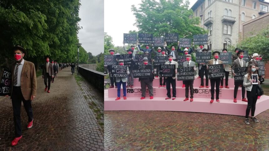 Giro d'Italia, uomini in scarpe rosse manifestano contro la violenza sulle donne 1