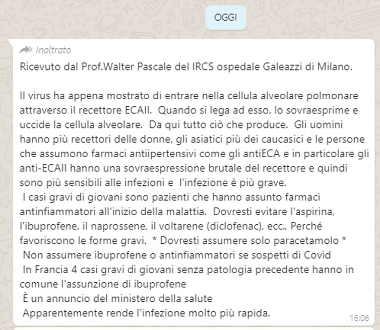 Coronavirus: "Attenzione ai farmaci che prendete". Circola un'informazione falsa 3