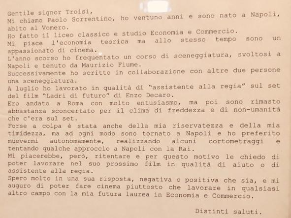 La lettera del giovane Sorrentino a Troisi: "A Roma clima freddo, le chiedo di poter lavorare nel suo prossimo film" 3