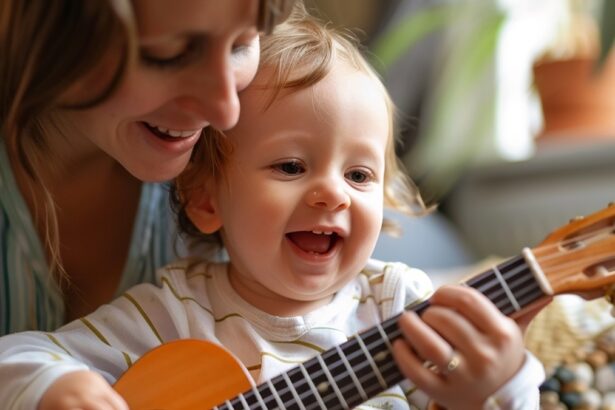 Bambina suona con la mamma