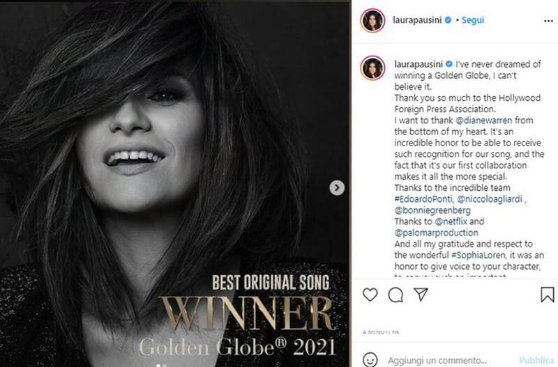 Laura Pausini vince il Golden Globe 2021_social