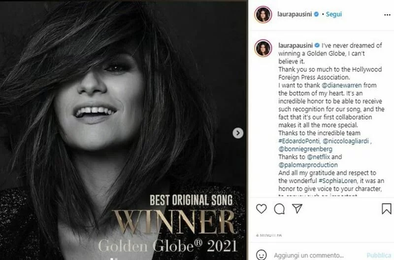 Laura Pausini vince il Golden Globe 2021_social