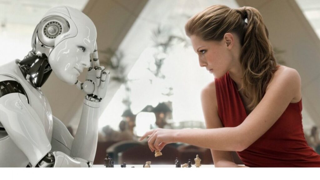 intelligenza artificiale, robot contro umana giocano a scacchi