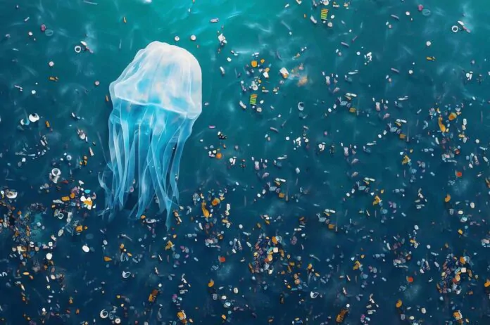 microplastica, medusa circondata da frammenti